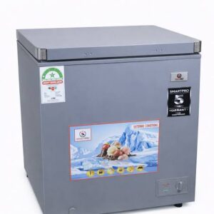 Grey chest freezer with a top lid, featuring multiple stickers and a large front poster showing ice and fruits.