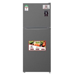 Grey two-door refrigerator with a top freezer and lower fridge, featuring labels on the upper door and a promotional sticker on the lower door. Grey two-door refrigerator with a top freezer and lower fridge, featuring labels on the upper door and a promotional sticker on the lower door.