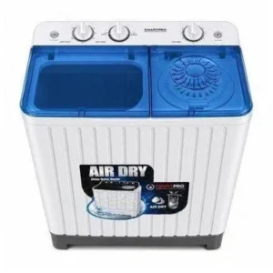 Compact twin-tub portable washing machine with blue lid and control knobs on top, labeled Air Dry.