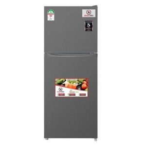Gray two-door fridge (top freezer) with energy stickers on the upper doors and a produce graphic label on the lower door Gray two-door fridge (top freezer) with energy stickers on the upper doors and a produce graphic label on the lower door