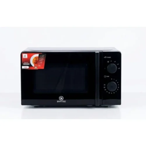 Black microwave oven with two control dials on the right and a red tag on the door. Black microwave oven with two control dials on the right and a red tag on the door.