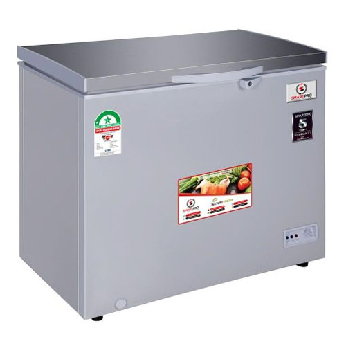 Grey chest freezer with a hinged lid, used for storing and freezing food items. Grey chest freezer with a hinged lid, used for storing and freezing food items.