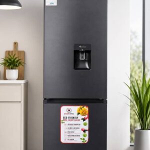 Two-door dark gray refrigerator with water dispenser in a bright kitchen; energy and warranty stickers on top, eco-friendly label on bottom.