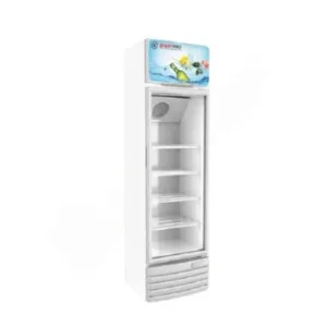 White upright display freezer with glass door and multiple empty shelves, top sign featuring tropical imagery.
