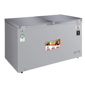 Gray commercial double-lid chest freezer on small wheels with front labels and a product image sticker