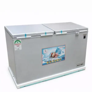 Two-lid silver chest freezer with a front label/sticker for food storage.