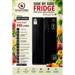 Side-by-side refrigerator in black glass with 450 L capacity, advertised by SmartPro on a fruit-themed poster.