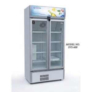 Double-door glass-door commercial refrigerator, SVS-600, with shelves for chilled beverages.