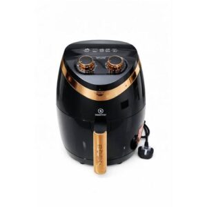 Black air fryer with copper trim and a bronze-colored handle on a white background, a compact countertop appliance for frying with little to no oil.