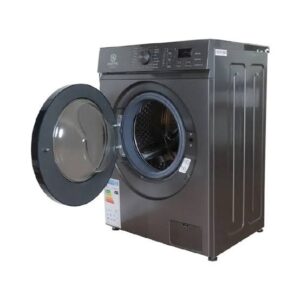Front-loading washing machine with door ajar, drum visible inside a dark gray appliance.