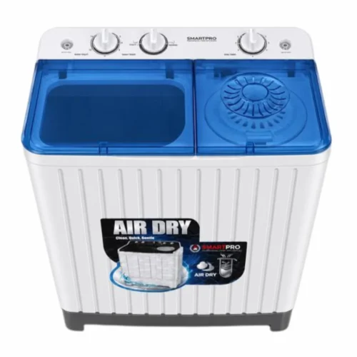 White twin-tub top-loading washing machine with blue translucent lids and control knobs on the top; features a noted 'Air Dry' label. White twin-tub top-loading washing machine with blue translucent lids and control knobs on the top; features a noted 'Air Dry' label.