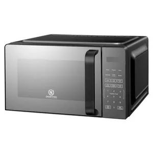 Countertop microwave oven with a glass door, black body, and digital control panel on the right side.