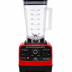 Red multifunction blender with a tall glass jar and black lid; front control panel with knobs and switches visible, on a kitchen counter.