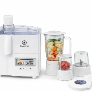 White SmartPro juicer with transparent top, plus blender and accessory jars for fruit processing set.
