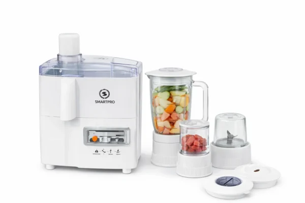 White SmartPro juicer with transparent top, plus blender and accessory jars for fruit processing set. White SmartPro juicer with transparent top, plus blender and accessory jars for fruit processing set.