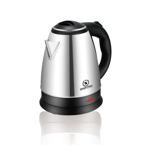 Stainless steel electric kettle with a black handle and base, standing on a reflective surface. Stainless steel electric kettle with a black handle and base, standing on a reflective surface.