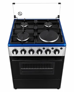 Freestanding gas range with four burners, blue trim, glass oven door, and raised glass lid open for access.