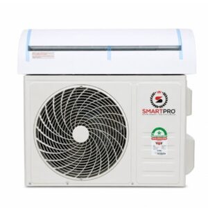Outdoor air conditioner condenser unit with a large front fan grille and SMARTPRO branding on the panel.