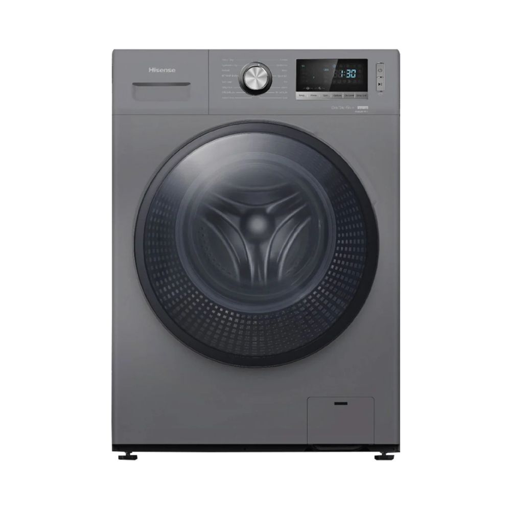 Front-loading washing machine with a circular glass door and a large control dial on a silver-gray appliance.